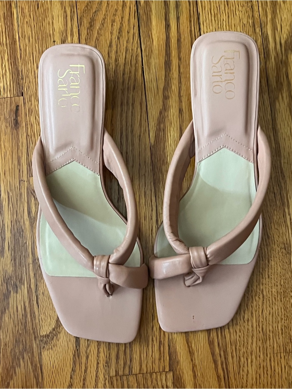 Franco Sarto Cinema Slide Sandal in rose, soft knotted thong strap square toe